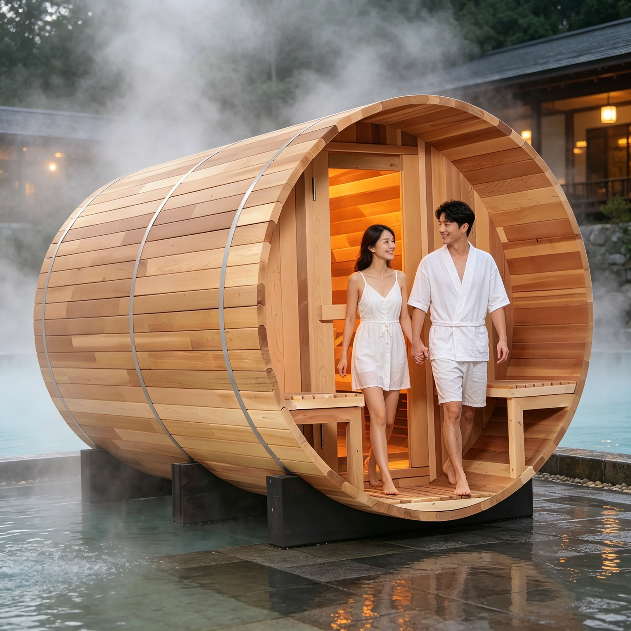 Spa Wellness Family - Zewnętrzna sauna ogrodowa z drewnianym beczkowym