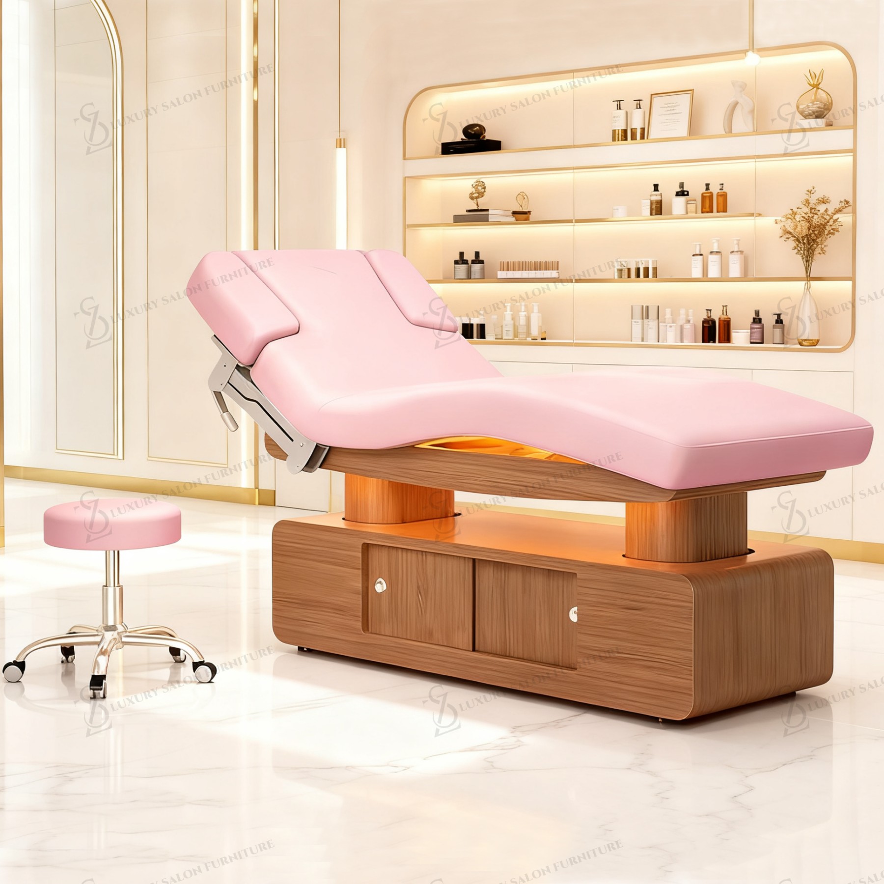 Spa Wellness Beauty - Luksusowe łóżko kosmetyczne 3/4-motoryzowane, różowe, wielofunkcyjne